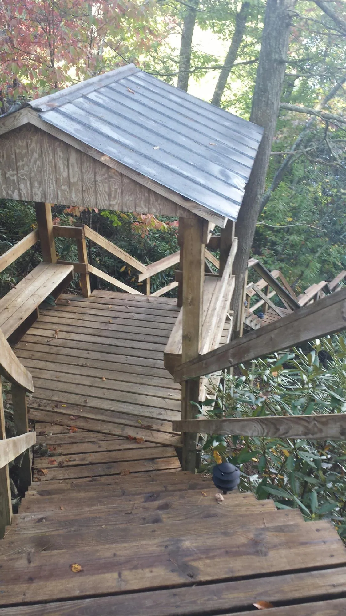 Metal roofed shelter over wooden steps on a wooded walkway — Skylight Repair & Installation work by our crew in Buffalo Grove